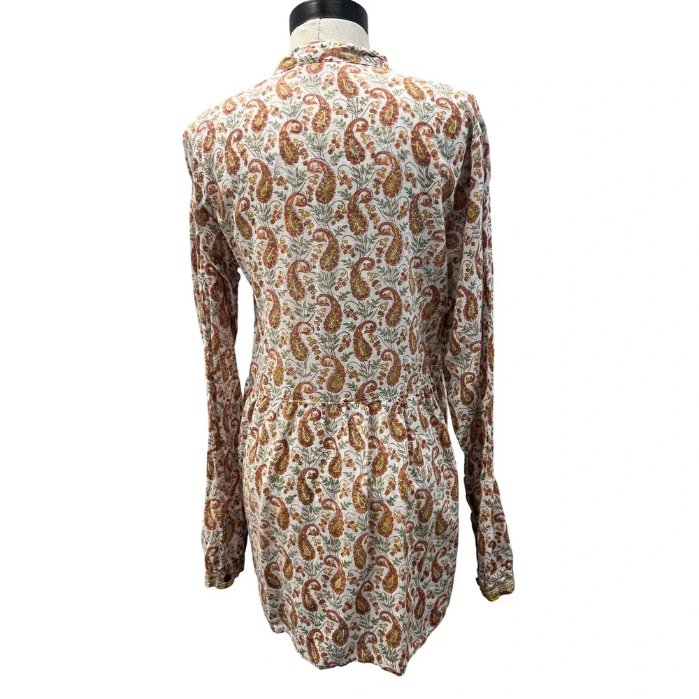 Gypsy 05 Blouse Womens Small Orange Paisley Excellent Smocked Tassel‎ Tie Top